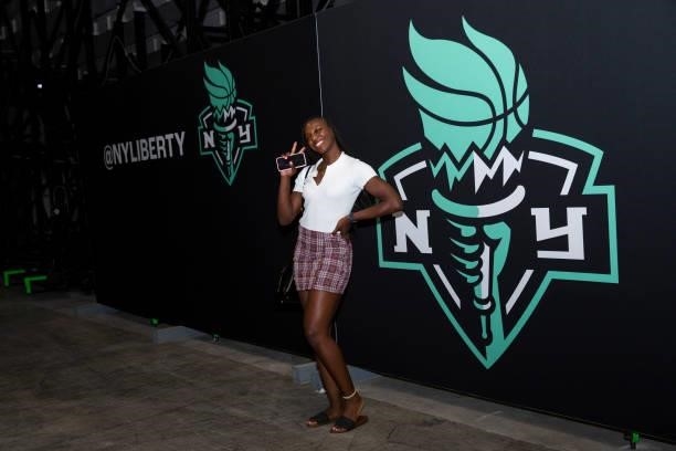 Michaela Onyenwere of the New York Liberty arrives to the game against the Phoenix Mercury on August 25, 2021 at Barclays Center in Brooklyn, New...
