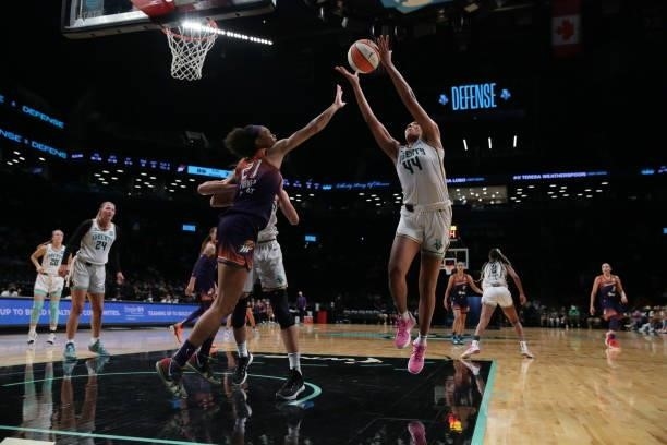 Betnijah Laney of the New York Liberty grabs the rebound against the Phoenix Mercury on August 25, 2021 at Barclays Center in Brooklyn, New York....