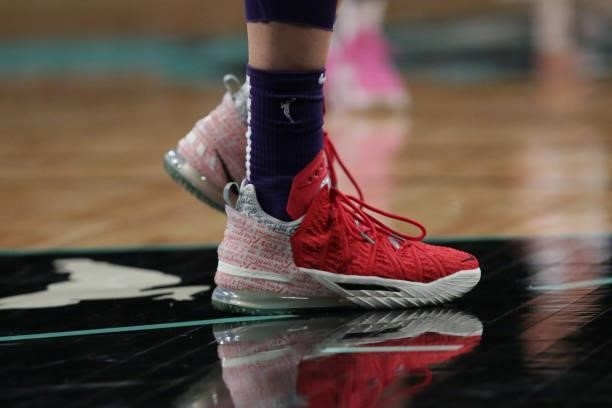 The sneakers worn by Diana Taurasi of the Phoenix Mercury during the game against the New York Liberty on August 25, 2021 at Barclays Center in...