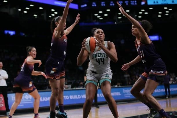 Betnijah Laney of the New York Liberty drives to the basket against the Phoenix Mercury on August 25, 2021 at Barclays Center in Brooklyn, New York....