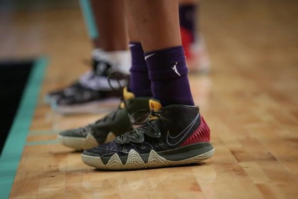 The sneakers worn by Brianna Turner of the Phoenix Mercury during the game against the New York Liberty on August 25, 2021 at Barclays Center in...