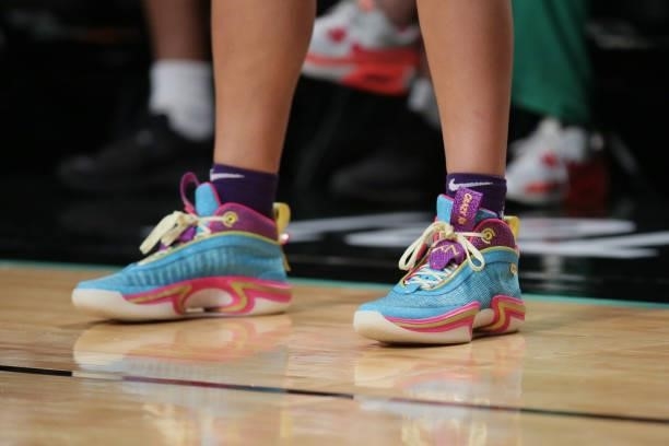 The sneakers worn by Kia Nurse of the Phoenix Mercury during the game against the New York Liberty on August 25, 2021 at Barclays Center in Brooklyn,...