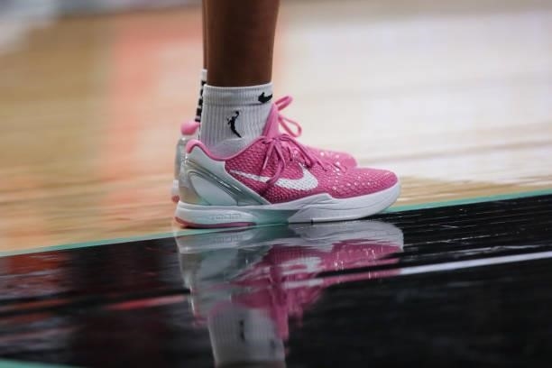 The sneakers worn by Betnijah Laney of the New York Liberty during the game against the Phoenix Mercury on August 25, 2021 at Barclays Center in...