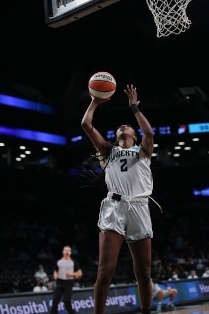 DiDi Richards of the New York Liberty shoots the ball against the Phoenix Mercury on August 25, 2021 at Barclays Center in Brooklyn, New York. NOTE...