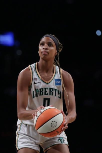 Leaonna Odom of the New York Liberty shoots the ball against the Phoenix Mercury on August 25, 2021 at Barclays Center in Brooklyn, New York. NOTE TO...