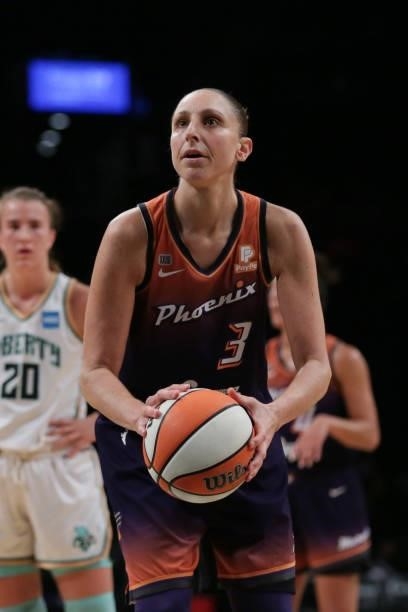 Diana Taurasi of the Phoenix Mercury shoots the ball against the New York Liberty on August 25, 2021 at Barclays Center in Brooklyn, New York. NOTE...