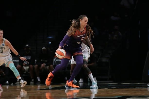 Brittney Griner of the Phoenix Mercury handles the ball against the New York Liberty on August 25, 2021 at Barclays Center in Brooklyn, New York....