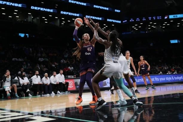 Brittney Griner of the Phoenix Mercury shoots the ball against the New York Liberty on August 25, 2021 at Barclays Center in Brooklyn, New York. NOTE...