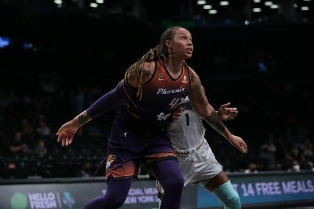 Brittney Griner of the Phoenix Mercury looks on during the game against the New York Liberty on August 25, 2021 at Barclays Center in Brooklyn, New...
