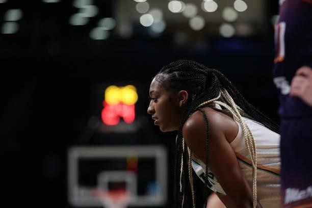DiDi Richards of the New York Liberty looks on during the game against the Phoenix Mercury on August 25, 2021 at Barclays Center in Brooklyn, New...