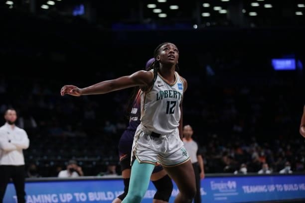 Michaela Onyenwere of the New York Liberty looks on during the game against the Phoenix Mercury on August 25, 2021 at Barclays Center in Brooklyn,...