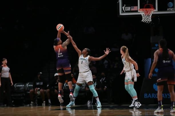 Kia Vaughn of the Phoenix Mercury shoots the ball against the New York Liberty on August 25, 2021 at Barclays Center in Brooklyn, New York. NOTE TO...