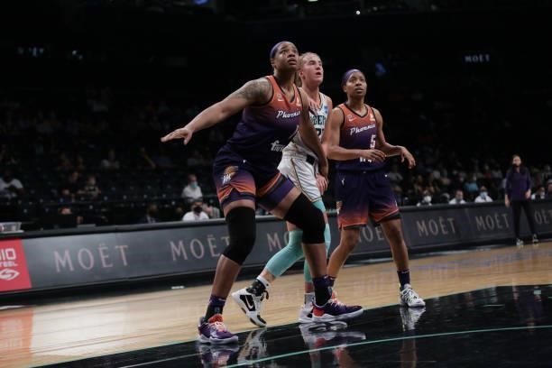 Kia Vaughn of the Phoenix Mercury fights for position during the game against the New York Liberty on August 25, 2021 at Barclays Center in Brooklyn,...