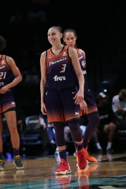 Diana Taurasi of the Phoenix Mercury smiles during the game against the New York Liberty on August 25, 2021 at Barclays Center in Brooklyn, New York....