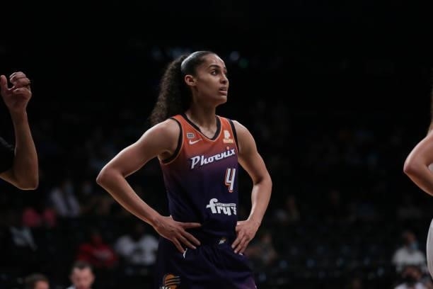 Skylar Diggins-Smith of the Phoenix Mercury looks on during the game against the New York Liberty on August 25, 2021 at Barclays Center in Brooklyn,...
