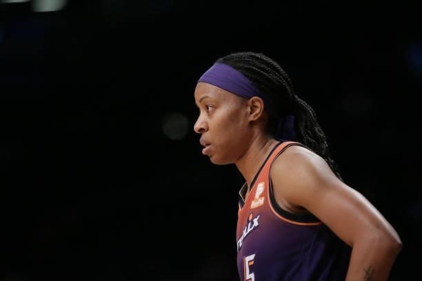 Shey Peddy of the Phoenix Mercury looks on during the game against the New York Liberty on August 25, 2021 at Barclays Center in Brooklyn, New York....