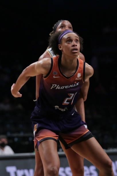 Brianna Turner of the Phoenix Mercury looks on during the game against the New York Liberty on August 25, 2021 at Barclays Center in Brooklyn, New...