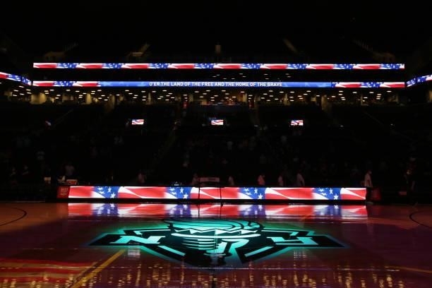 The New York Liberty logo shines bright before the game against the Phoenix Mercury on August 25, 2021 at Barclays Center in Brooklyn, New York. NOTE...