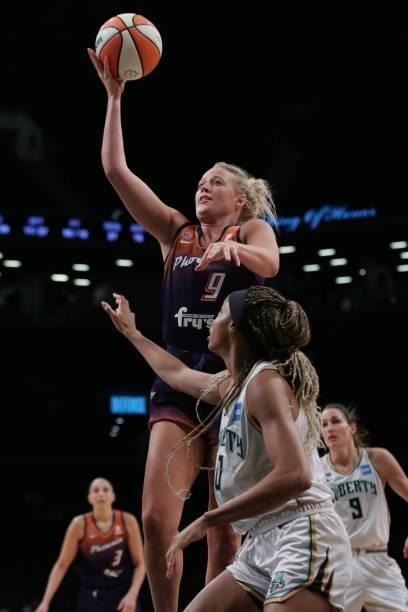 Sophie Cunningham of the Phoenix Mercury shoots the ball against the New York Liberty on August 25, 2021 at Barclays Center in Brooklyn, New York....