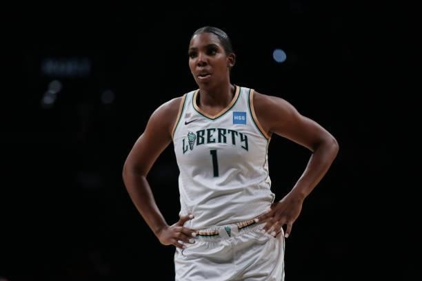 Reshanda Gray of the New York Liberty looks on during the game against the Phoenix Mercury on August 25, 2021 at Barclays Center in Brooklyn, New...