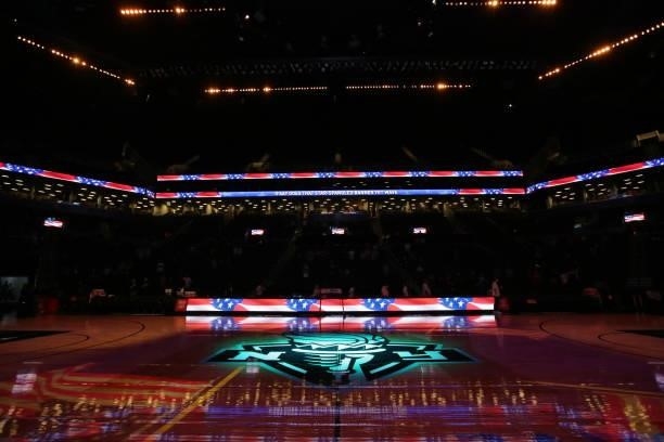 The New York Liberty logo shines bright before the game against the Phoenix Mercury on August 25, 2021 at Barclays Center in Brooklyn, New York. NOTE...