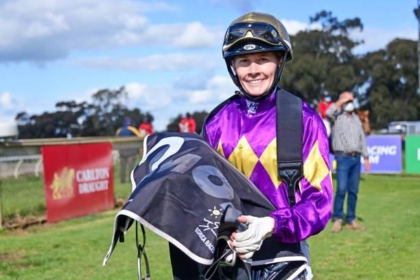 Mikaela Lawrence after winning the Perricoota Station Maiden Plate at Echuca Racecourse on August 26, 2021 in Echuca, Australia.