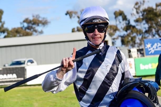 Patrick Moloney after winning the Hygain BM58 Handicap at Echuca Racecourse on August 26, 2021 in Echuca, Australia.