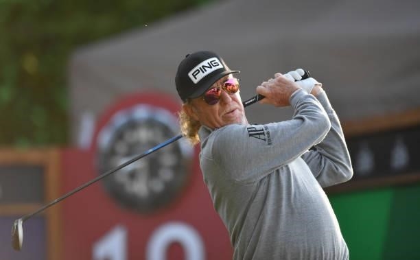 Miguel Angel Jimenez of Spain plays his tee shot to the 10th hole during Day One of The Omega European Masters at Crans-sur-Sierre Golf Club on...