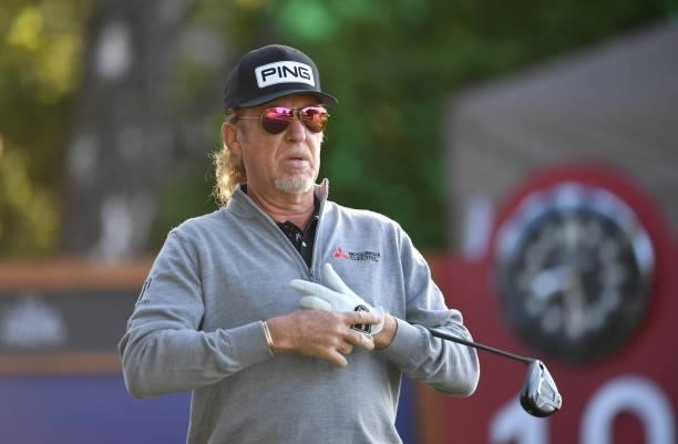 Miguel Angel Jimenez of Spain at the 10th hole during Day One of The Omega European Masters at Crans-sur-Sierre Golf Club on August 26, 2021 in...