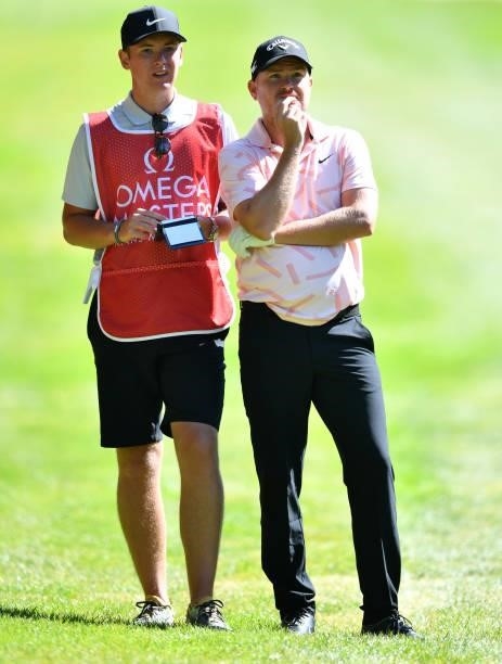 James Morrison of England prepares to play at the 6th hole during Day One of The Omega European Masters at Crans-sur-Sierre Golf Club on August 26,...