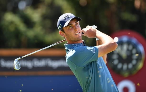 Renato Paratore of Italy plays his tee shot to the 8th hole during Day One of The Omega European Masters at Crans-sur-Sierre Golf Club on August 26,...