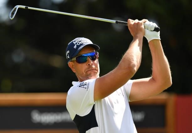 Henrik Stenson of Sweden plays his tee shot at the 8th hole during Day One of The Omega European Masters at Crans-sur-Sierre Golf Club on August 26,...