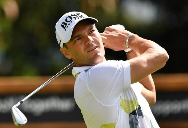 Martin Kaymer of Germany plays his tee shot at the 8th hole during Day One of The Omega European Masters at Crans-sur-Sierre Golf Club on August 26,...