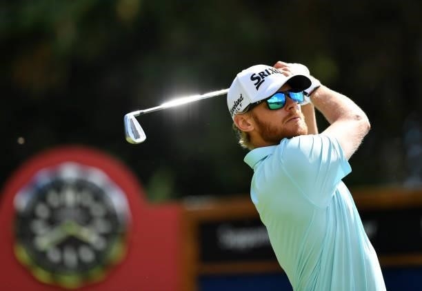 Sebastian Soderberg of Sweden plays his tee shot at the 8th hole during Day One of The Omega European Masters at Crans-sur-Sierre Golf Club on August...
