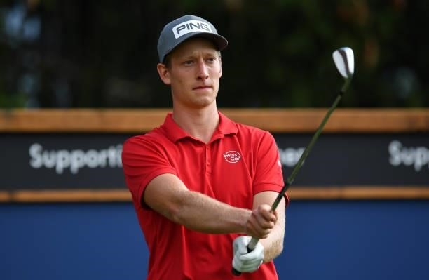 Ronan Kleu of Switzerland , at the 8th tee during Day One of The Omega European Masters at Crans-sur-Sierre Golf Club on August 26, 2021 in...