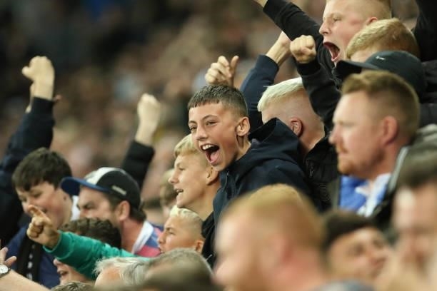 Fans react during the Carabao Cup match between Newcastle United and Burnley at St. James's Park, Newcastle on Wednesday 25th August 2021.