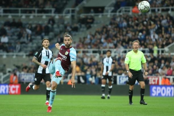 Jay Rodriguez of Burnley shoots during the Carabao Cup match between Newcastle United and Burnley at St. James's Park, Newcastle on Wednesday 25th...