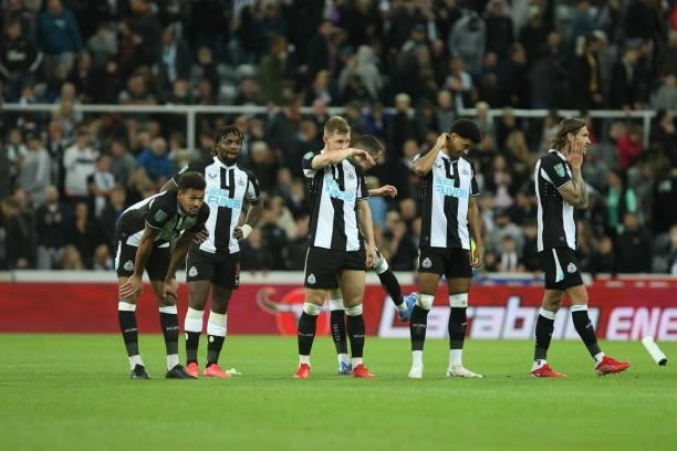 Newcastle United react to losing during the Carabao Cup match between Newcastle United and Burnley at St. James's Park, Newcastle on Wednesday 25th...