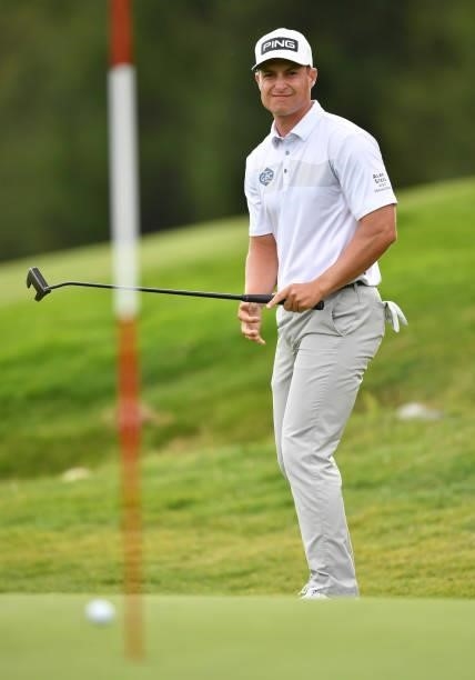 Callum Hill of Scotland putting at the 18th hole during Day One of The Omega European Masters at Crans-sur-Sierre Golf Club on August 26, 2021 in...