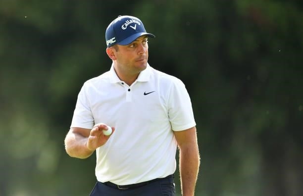Francesco Molinari of Italy waves at the 18th hole during Day One of The Omega European Masters at Crans-sur-Sierre Golf Club on August 26, 2021 in...