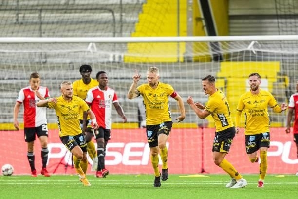 Johan Larsson of Elfsborg celebrates 1-0 during the UEFA Conference League play-offs match between IF Elfsborg and Feyenoord at Boras Arena on August...