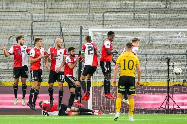 Feyenoord players see the ball enter the goal after a free kick during the UEFA Conference League play-offs match between IF Elfsborg and Feyenoord...