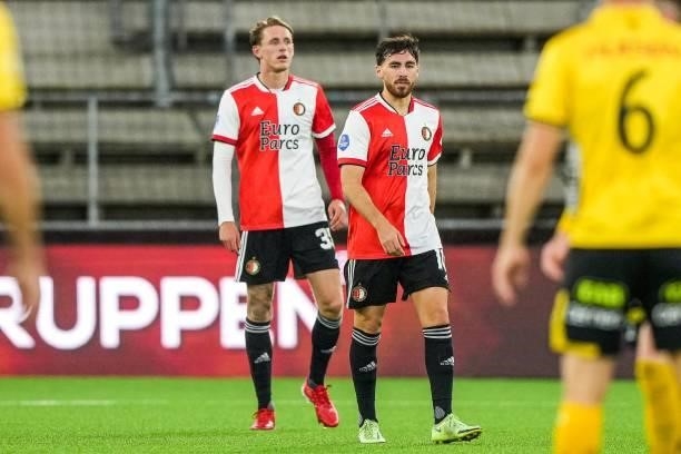 Wouter Burger of Feyenoord, Orkun Kokcu of Feyenoord balked at the 2-0 during the UEFA Conference League play-offs match between IF Elfsborg and...