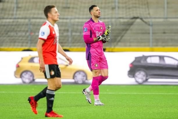 Feyenoord goalkeeper Ofir Marciano leaves the field before the break during the UEFA Conference League play-offs match between IF Elfsborg and...