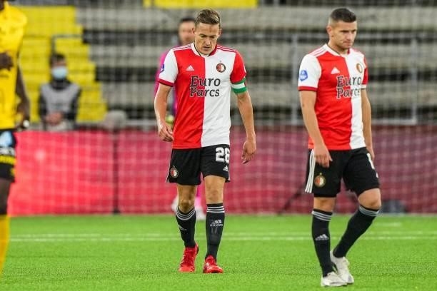 Jens Toornstra of Feyenoord, Bryan Linssen of Feyenoord are blown away by the 2-0 during the UEFA Conference League play-offs match between IF...