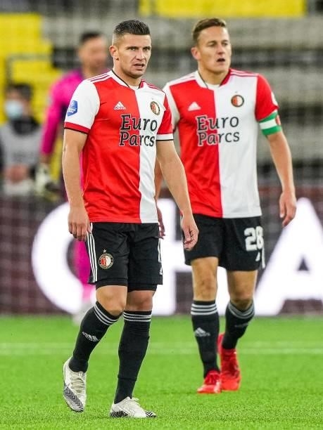 Bryan Linssen of Feyenoord, Jens Toornstra of Feyenoord hated the 2-0 during the UEFA Conference League play-offs match between IF Elfsborg and...