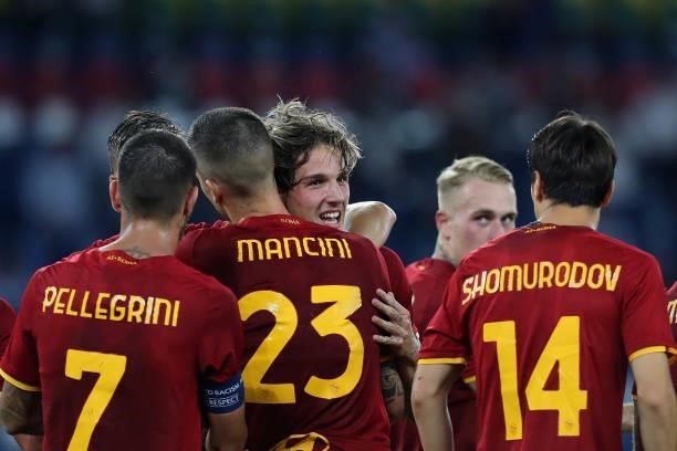 Nicolo' Zaniolo with his teammates of AS Roma celebrates after scoring the team's second goal during the UEFA Conference League Play-Offs Leg Two...