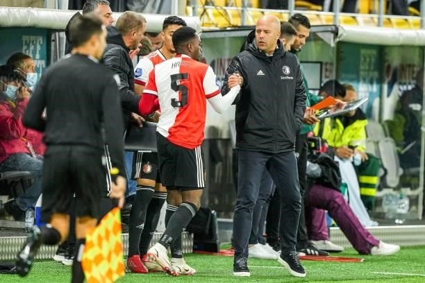 Ridgeciano Haps of Feyenoord, Feyenoord coach Arne Slot during the UEFA Conference League play-offs match between IF Elfsborg and Feyenoord at the...