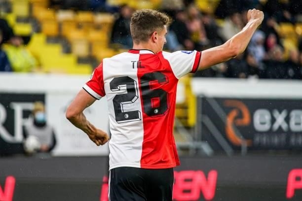 Guus Til of Feyenoord celebrates 2-1 during the UEFA Conference League play-offs match between IF Elfsborg and Feyenoord at the Boras Arena on August...
