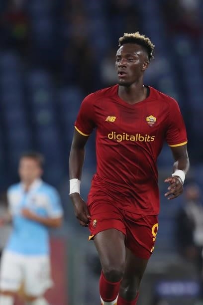 Tammy Abraham of AS Roma looks on during the UEFA Conference League Play-Offs Leg Two match between AS Roma and Trabzonspor at Olimpico Stadium on...